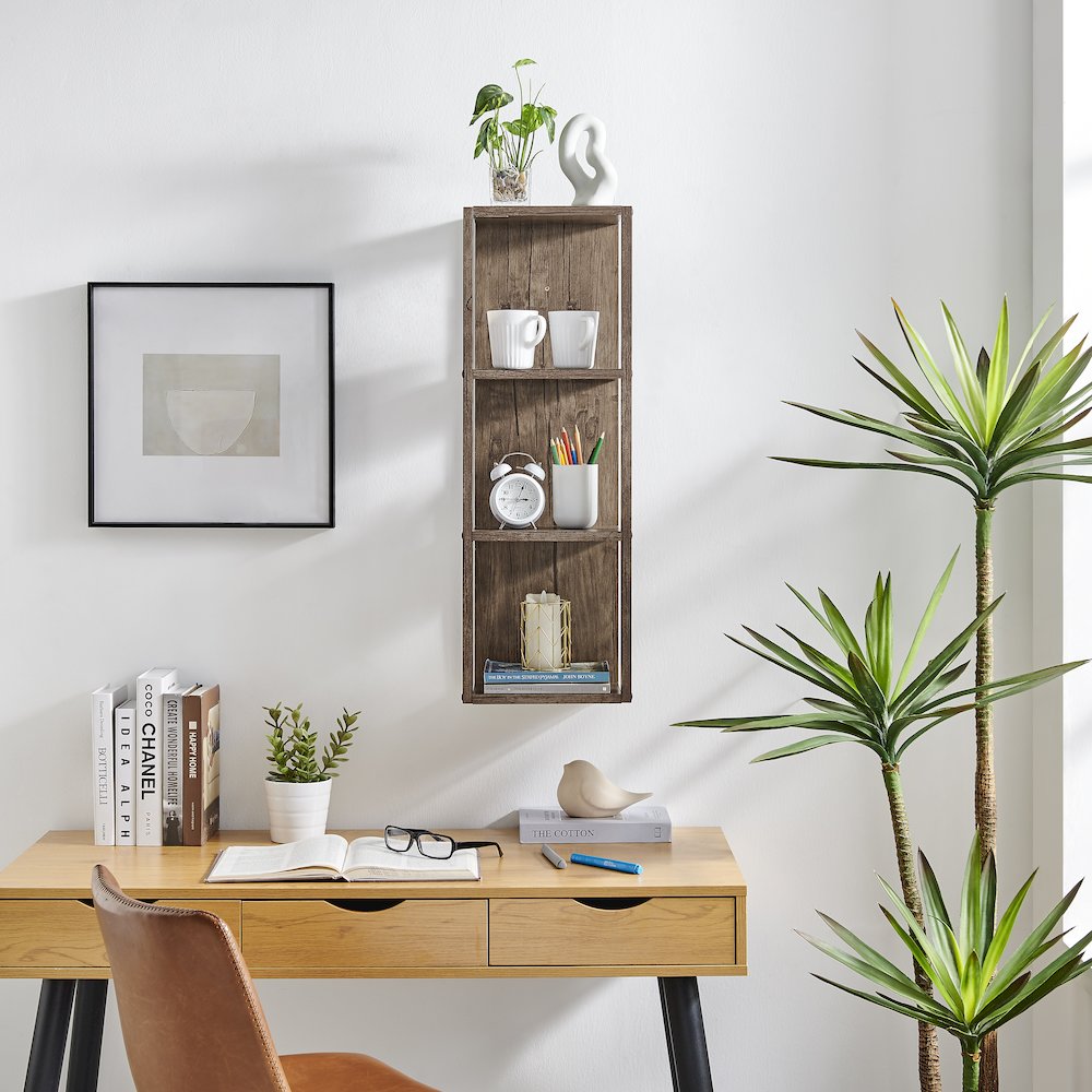 Recife Vertical Three-Tier Modern Shadow Box Cube Display Wall Shelf - Hickory. Picture 2