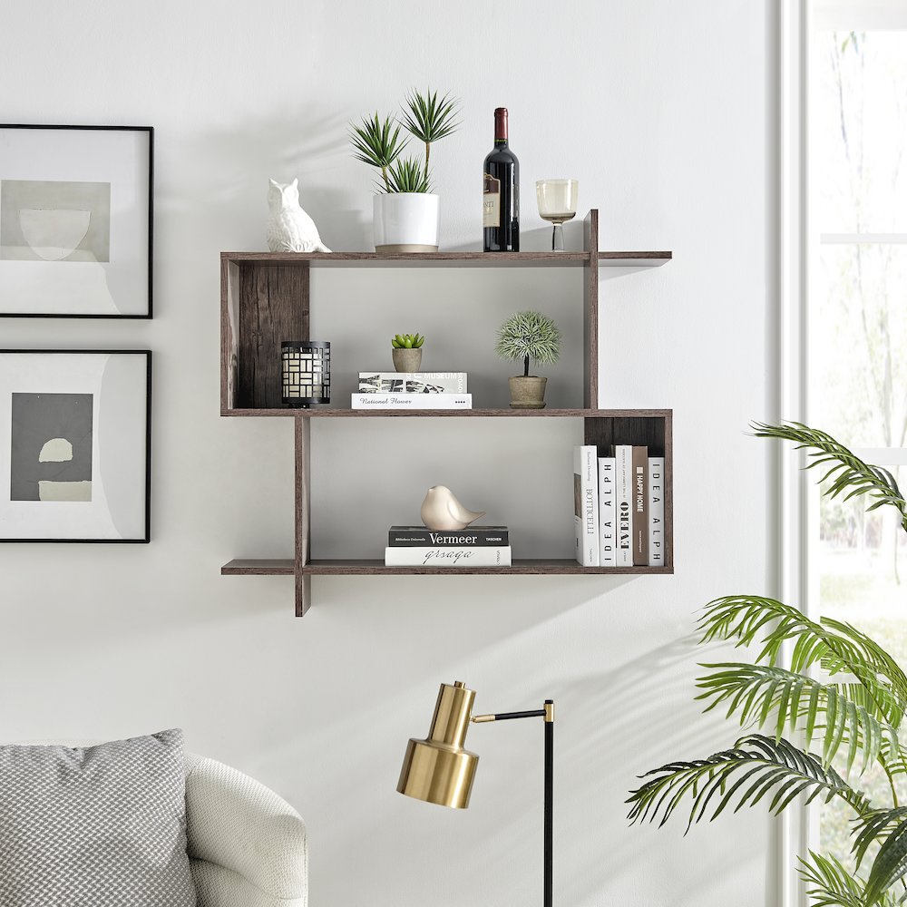 Manasa Floating Geometric Kilter Two-Tier Wall Shelf - Hickory. Picture 2