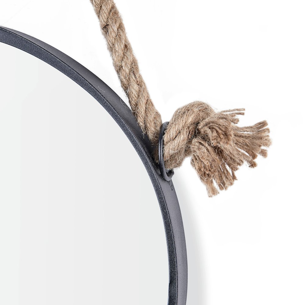15” Black Iron Framed Round Accent Mirror with Hanging Rope. Picture 4