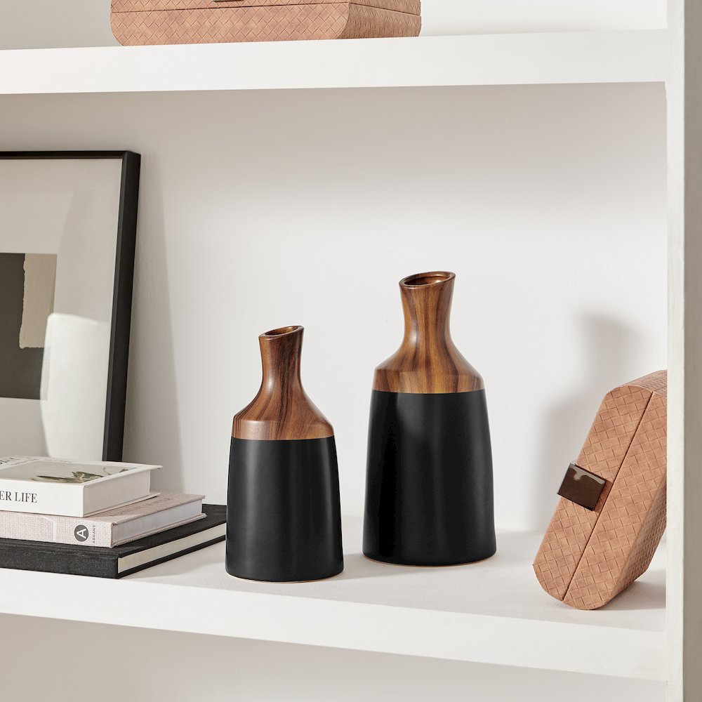 Milo Kande Carafe Modern Two Tone Tabletop Vase - Black and Walnut - Large. Picture 7