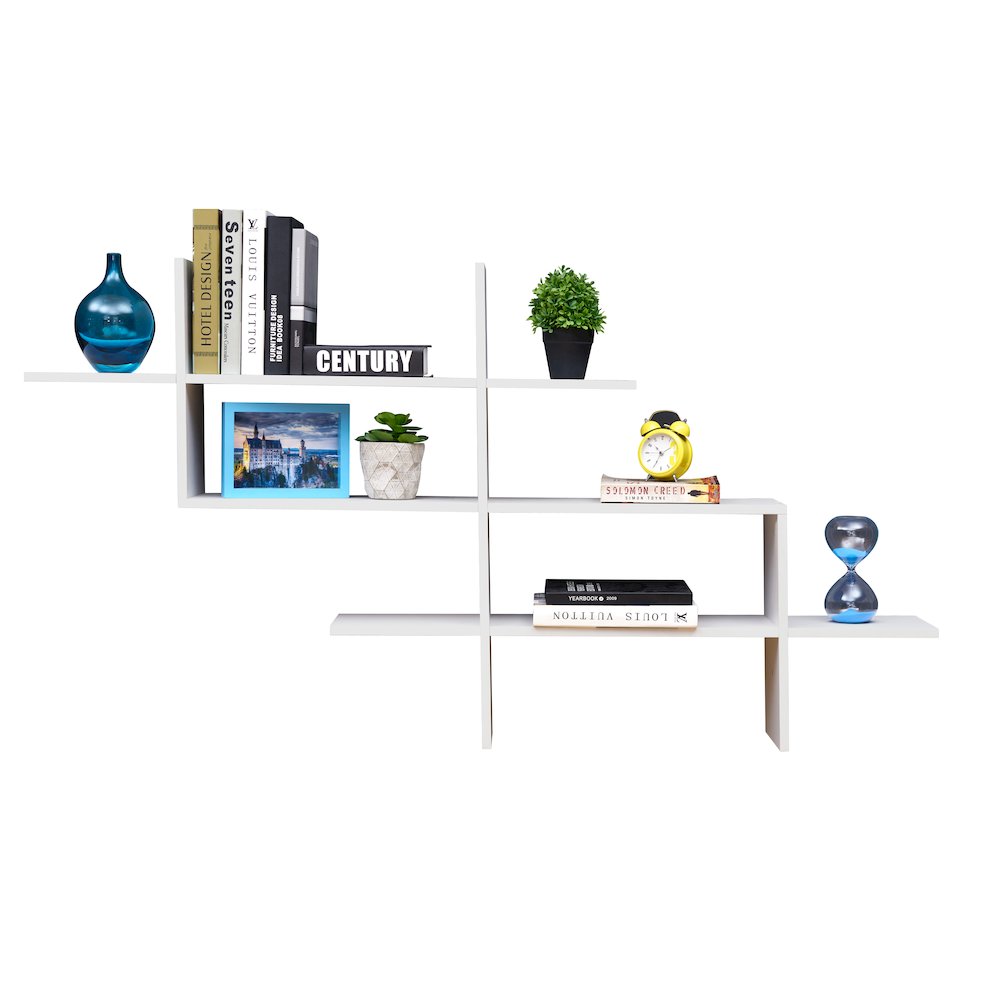 3-Tier Hanging Wall Mount Floating Ladder Asymmetrical Accent Shelf – White. Picture 1