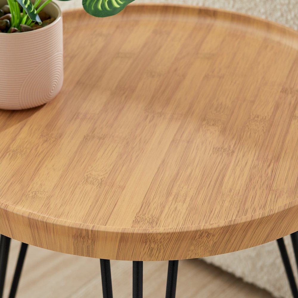 Tadao Raised Lip Edge Side Table with Black Metal Hairpin Legs - Round - Bamboo. Picture 7
