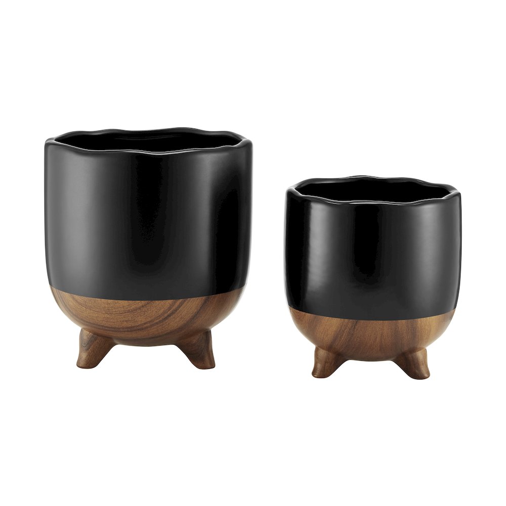 Milo Mortar 2 Tone Flower Pot Planter Cachepot Set of 2 Sizes - Black and Walnut. Picture 1