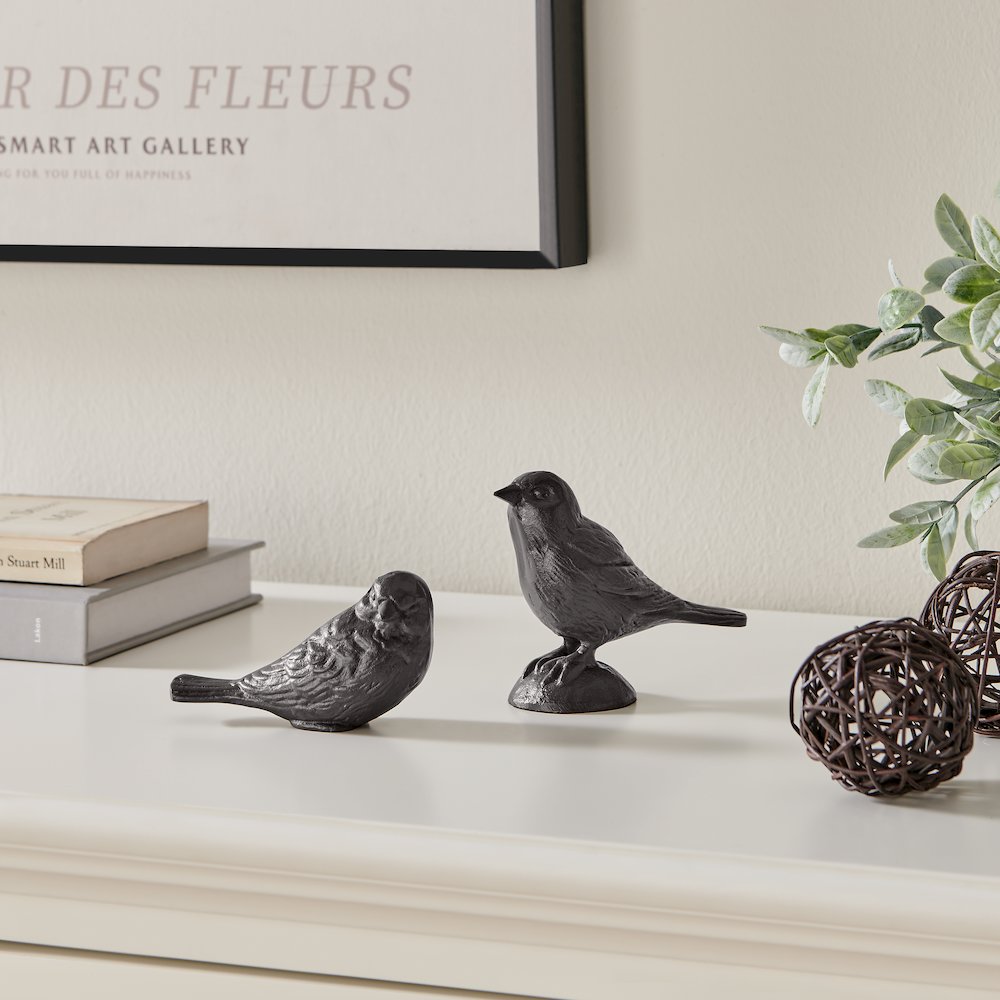 Brown Cast Iron Set of 2 Bird Sculptures - Tabletop Decorative Paperweights. Picture 2