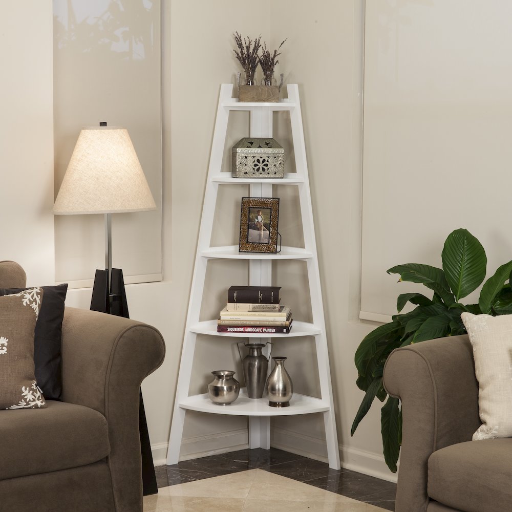 Five Tier Corner Ladder White Display Bookshelf. Picture 2