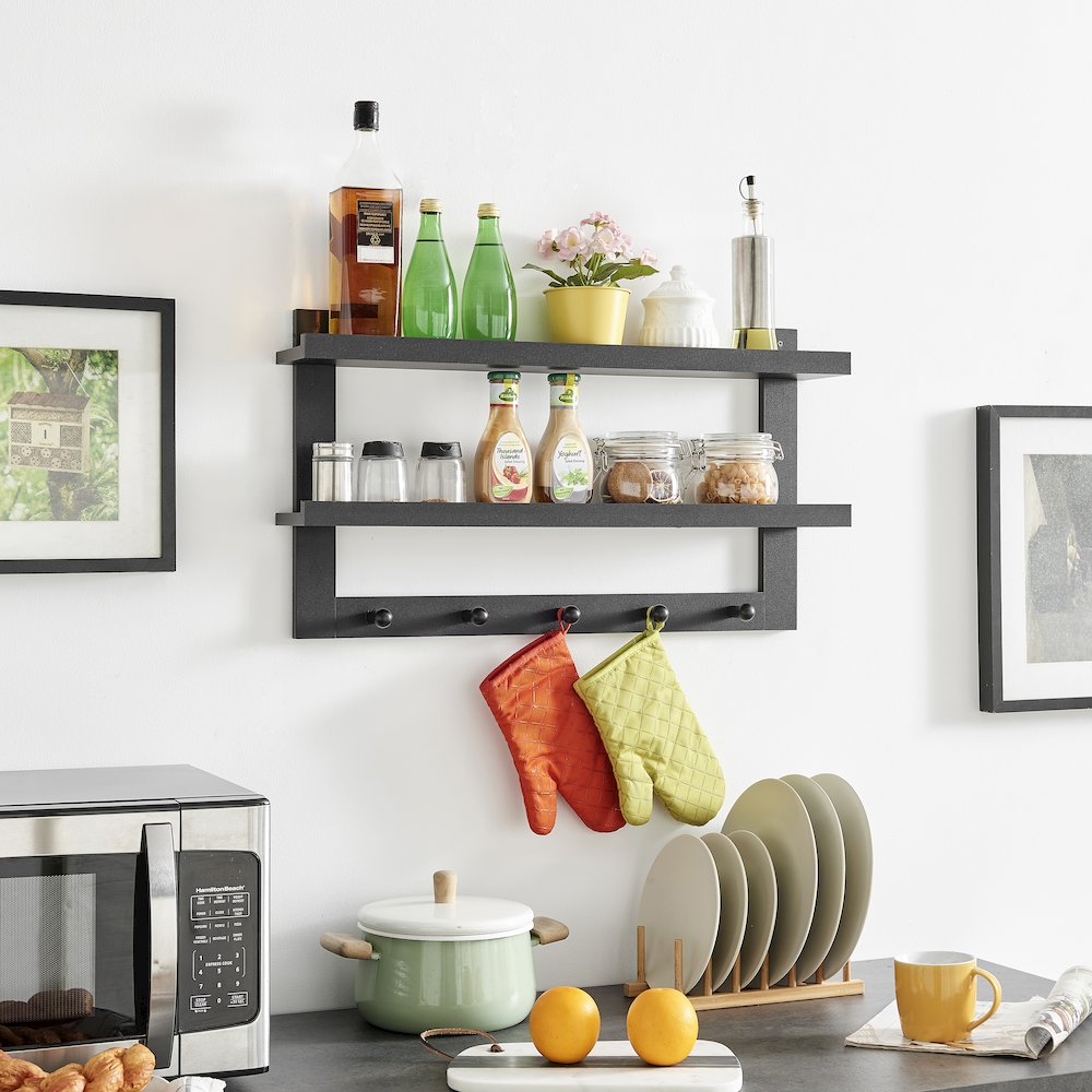 2-Tier Ledge Wall Shelf Organizer with 5 Hanging Coat or Towel Hooks - Black. Picture 6