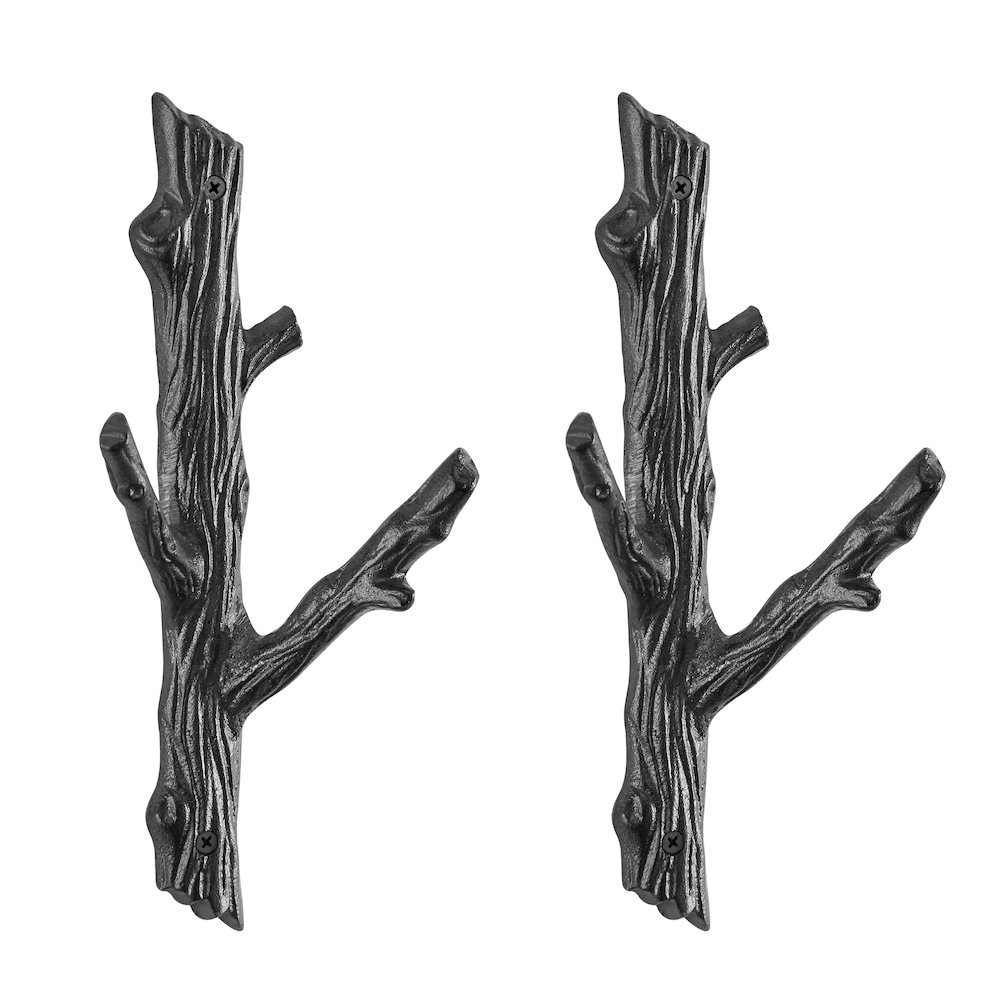 Brown Cast Iron Tree Branch Double Wall Mount Coat Hooks (Set of 2). Picture 1