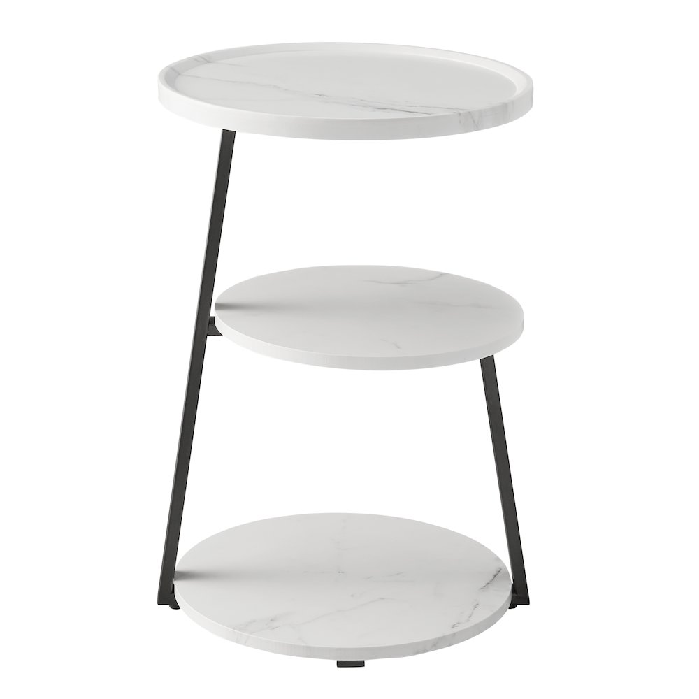 Skylar Round 3-Tier Side Accent Table with Raised Lip Edge - White Marble/Black. Picture 1