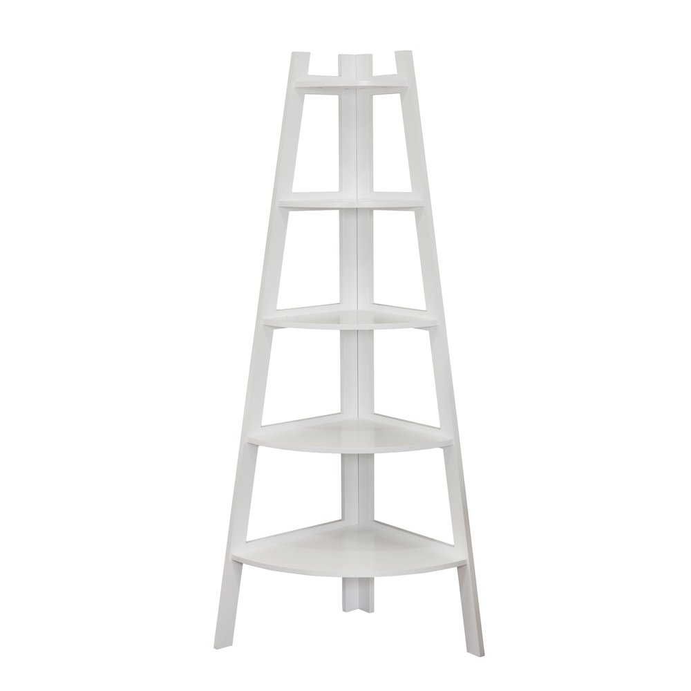 Five Tier Corner Ladder White Display Bookshelf. Picture 1