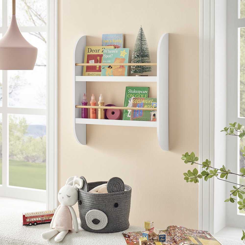 Steiner White Rounded 2-Tier Kids Book Magazine Wall Bookcase - Wood-toned Rods. Picture 6