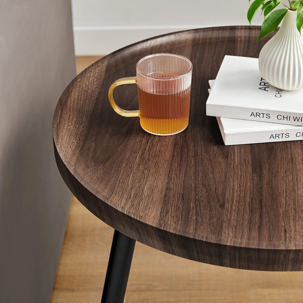 Paxton Raised Lip Edge Side Table Modern Black Metal Taper Legs - Round - Walnut. Picture 10