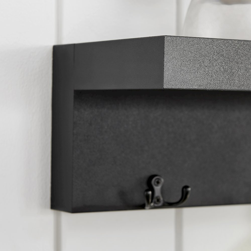 Wall Mounted Entryway Coat Rack with Decorative Ledge Shelf and Hooks - Black. Picture 9