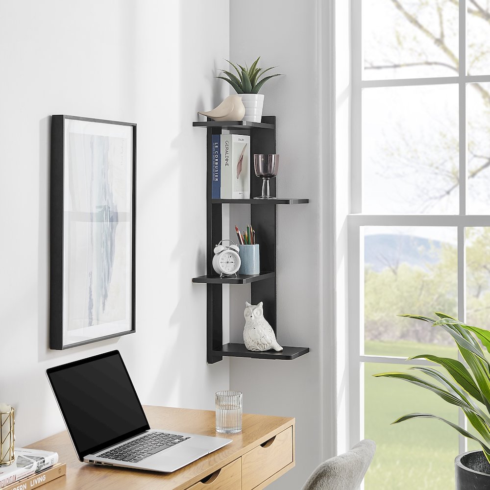 Alvar Corner 4-Tier Floating Ledge Column Wall Shelf - Black. Picture 3