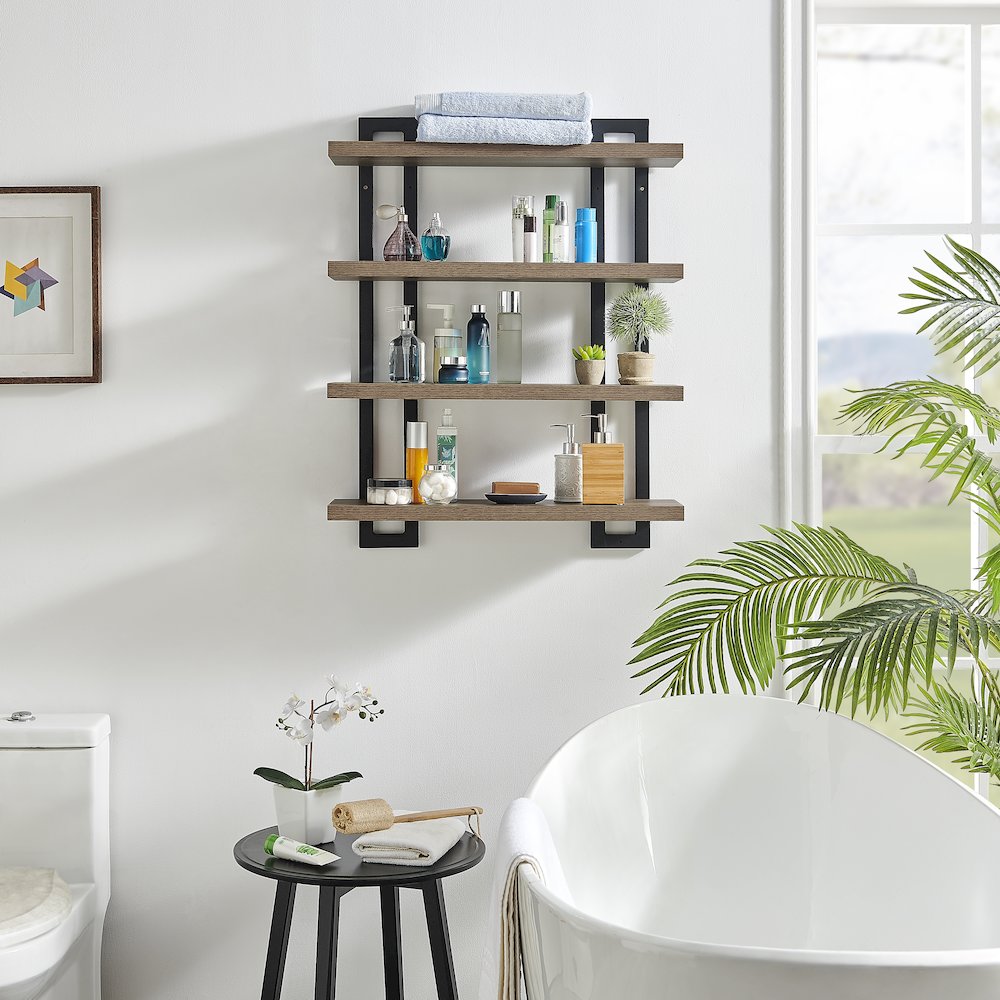 4-Tier Floating Bracket Wall Shelf - Black Metal and Walnut Finish. Picture 5