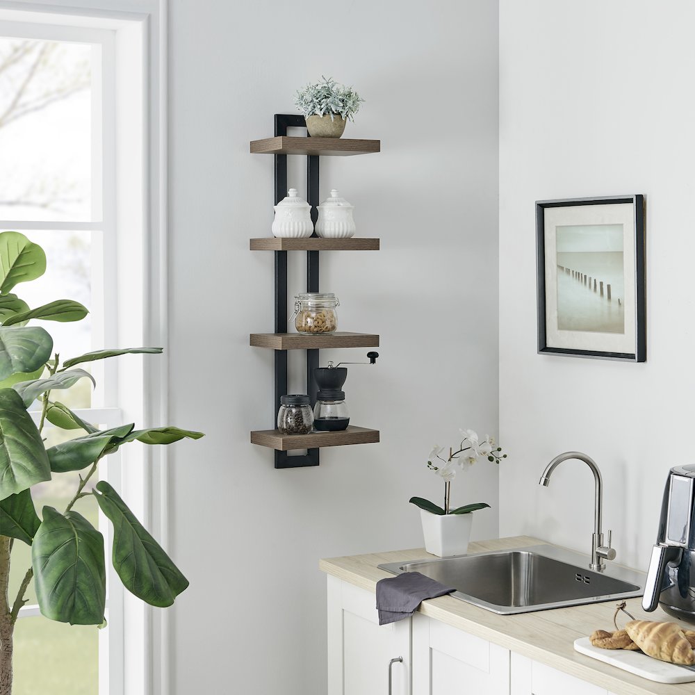 4-Tier Ladder Bracket Floating Wall Shelves - Black Metal and Walnut Finish. Picture 6