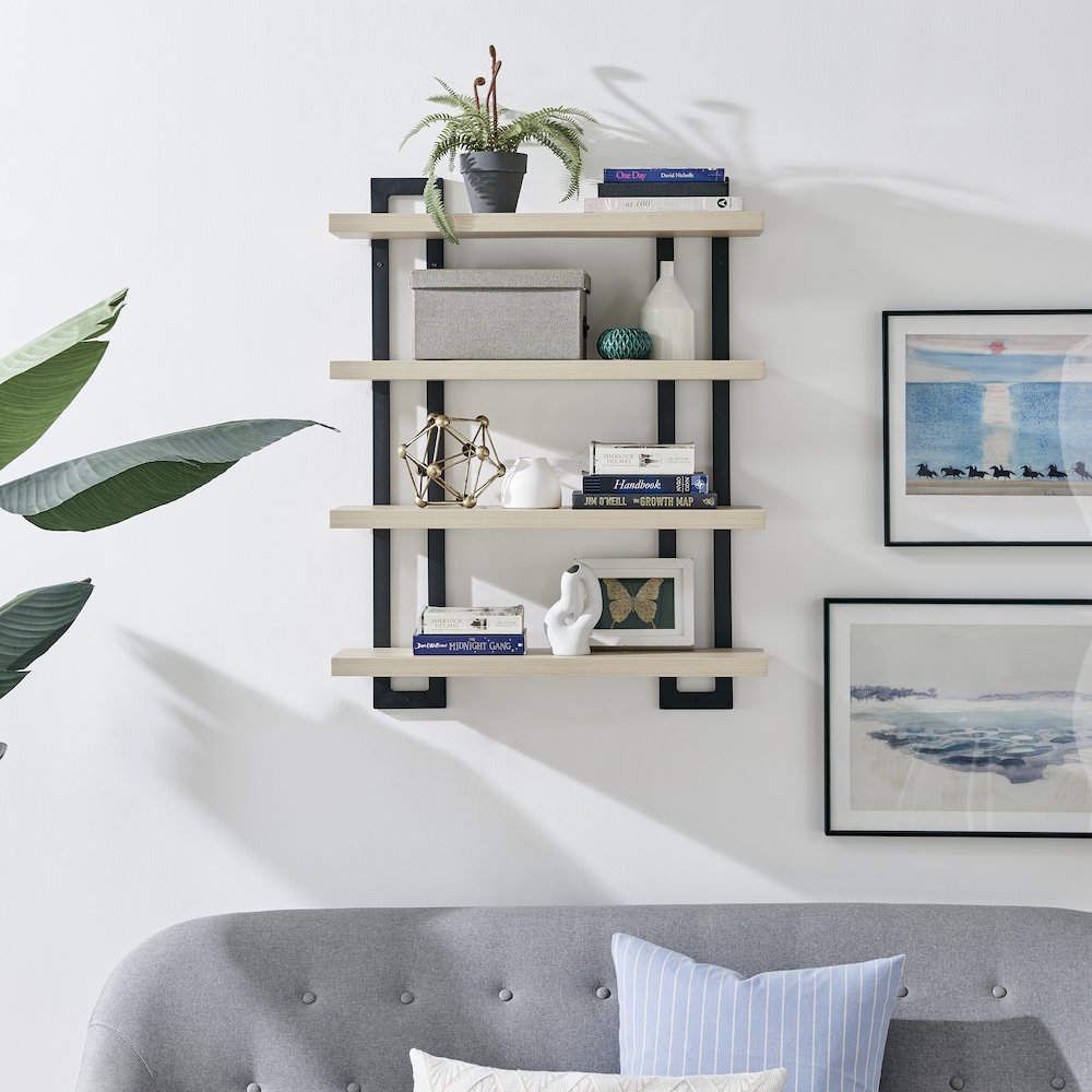 4-Tier Floating Bracket Wall Shelf - Black Metal and White Birch Finish. Picture 5