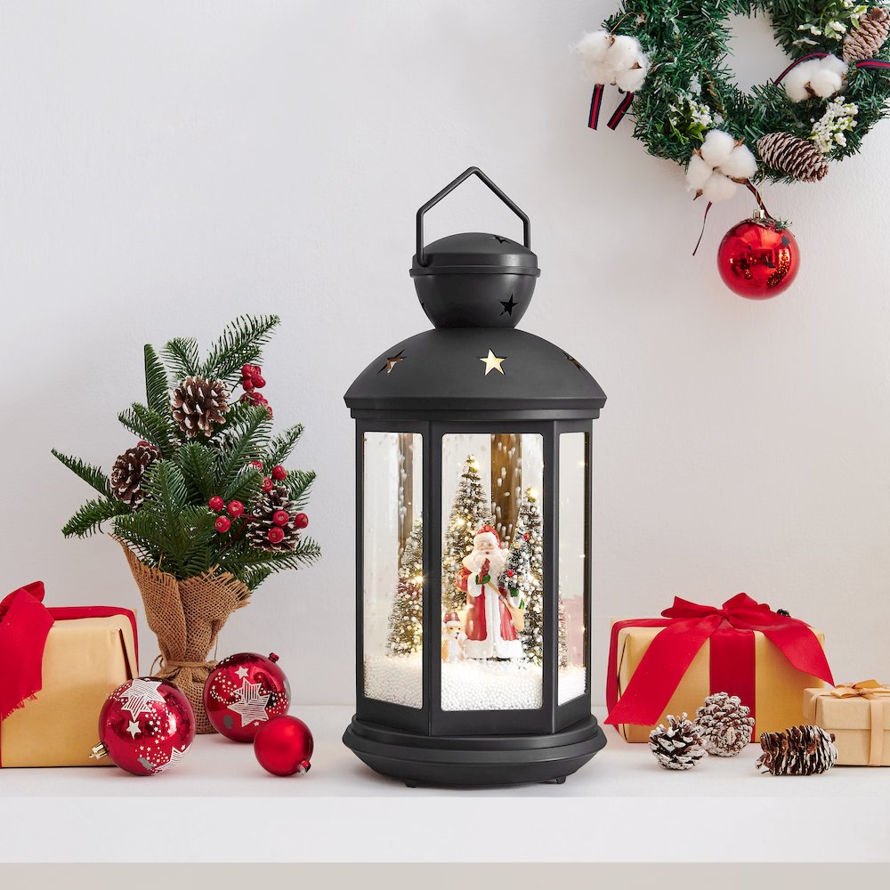 Christmas Scene Falling Snow Musical Snow Globe Lantern - Black. Picture 2