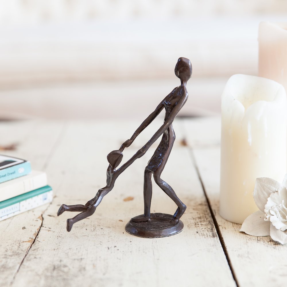 Mother Playing and Swinging Child Cast Bronze Sculpture Figurine. Picture 2