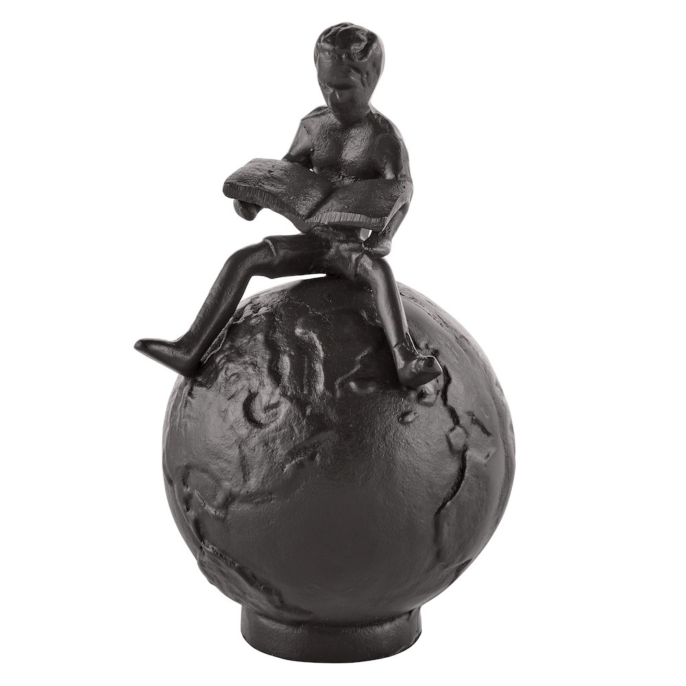 Brown Cast Iron Boy Reading on Globe Sculpture or Decorative Paperweight. Picture 1