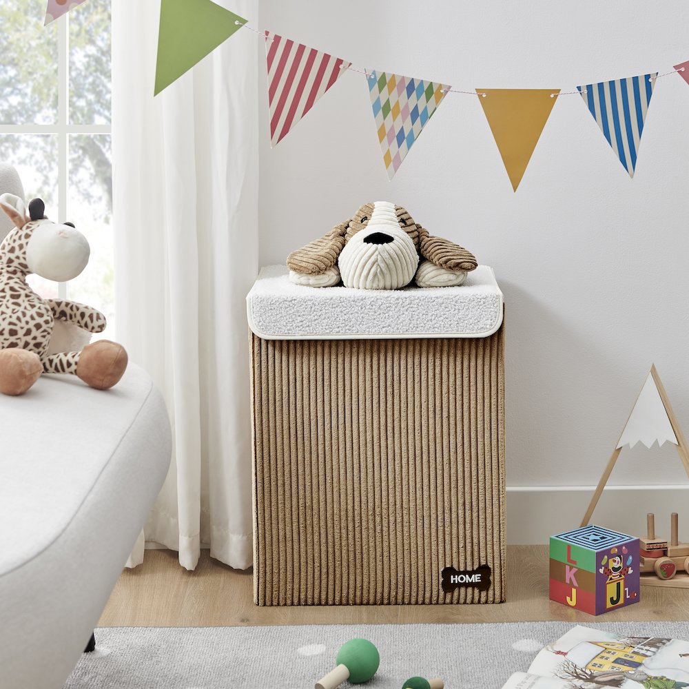 Collapsible Folding Corduroy Kids Plush Laundry Hamper Storage Brown/White Dog. Picture 5