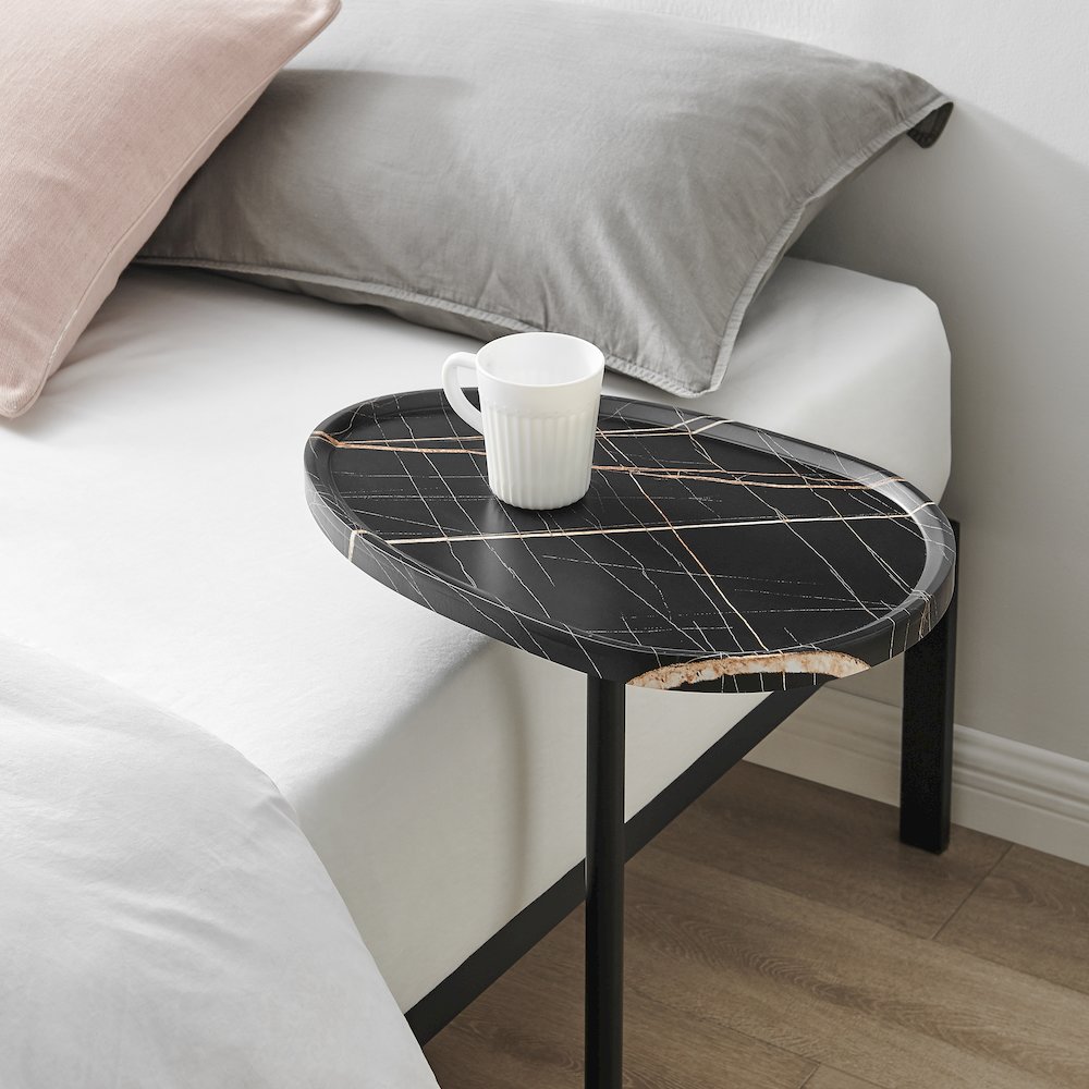 Carter Oval Teardrop Couch-Side Accent C-Table Y-Shape Leg - Black Marble/Black. Picture 4