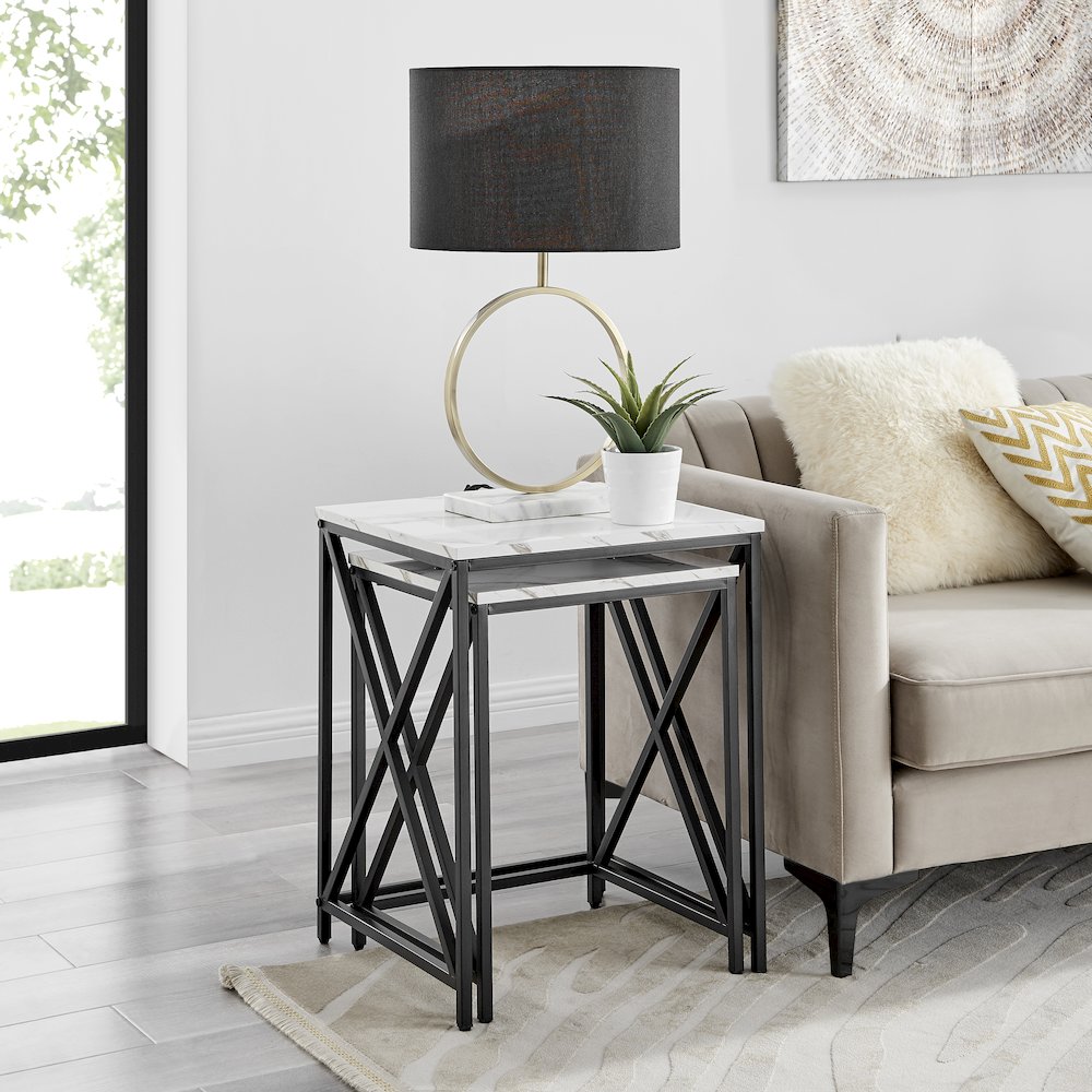 Modern Square Veneer Black Metal Frame Nesting End Tables White Marble Set of 2. Picture 3