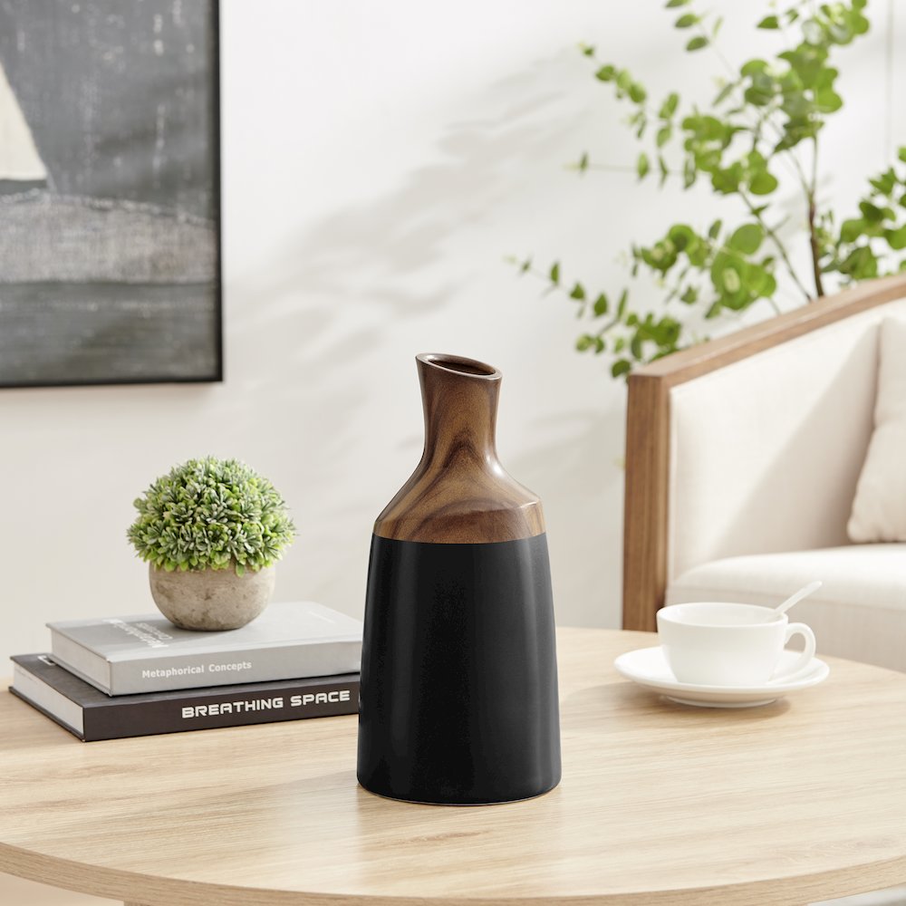 Milo Kande Carafe Modern Two Tone Tabletop Vase - Black and Walnut - Large. Picture 2