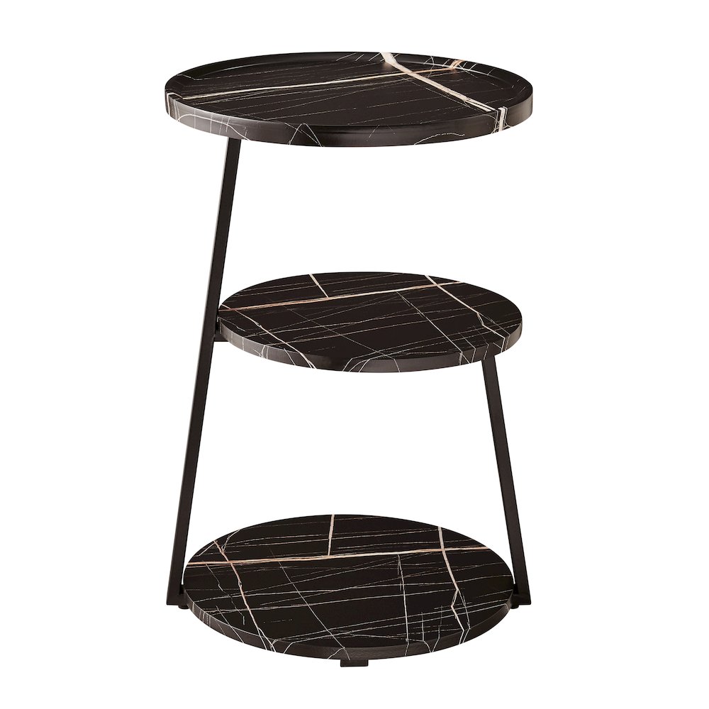 Skylar Round 3-Tier Side Accent Table with Raised Lip Edge - Black Marble/Black. Picture 1