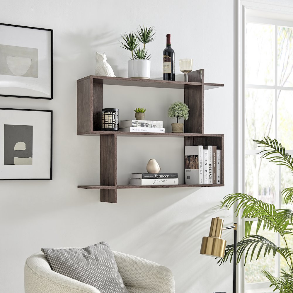 Manasa Floating Geometric Kilter Two-Tier Wall Shelf - Hickory. Picture 3