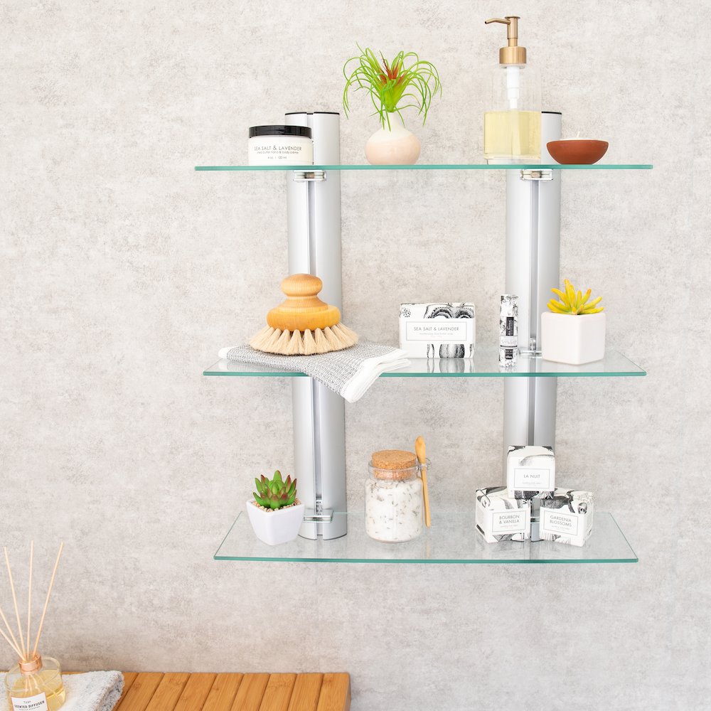 Bathroom Wall-Mount 3-Tier Adjustable Glass Wall Shelves on Aluminum Bars. Picture 4