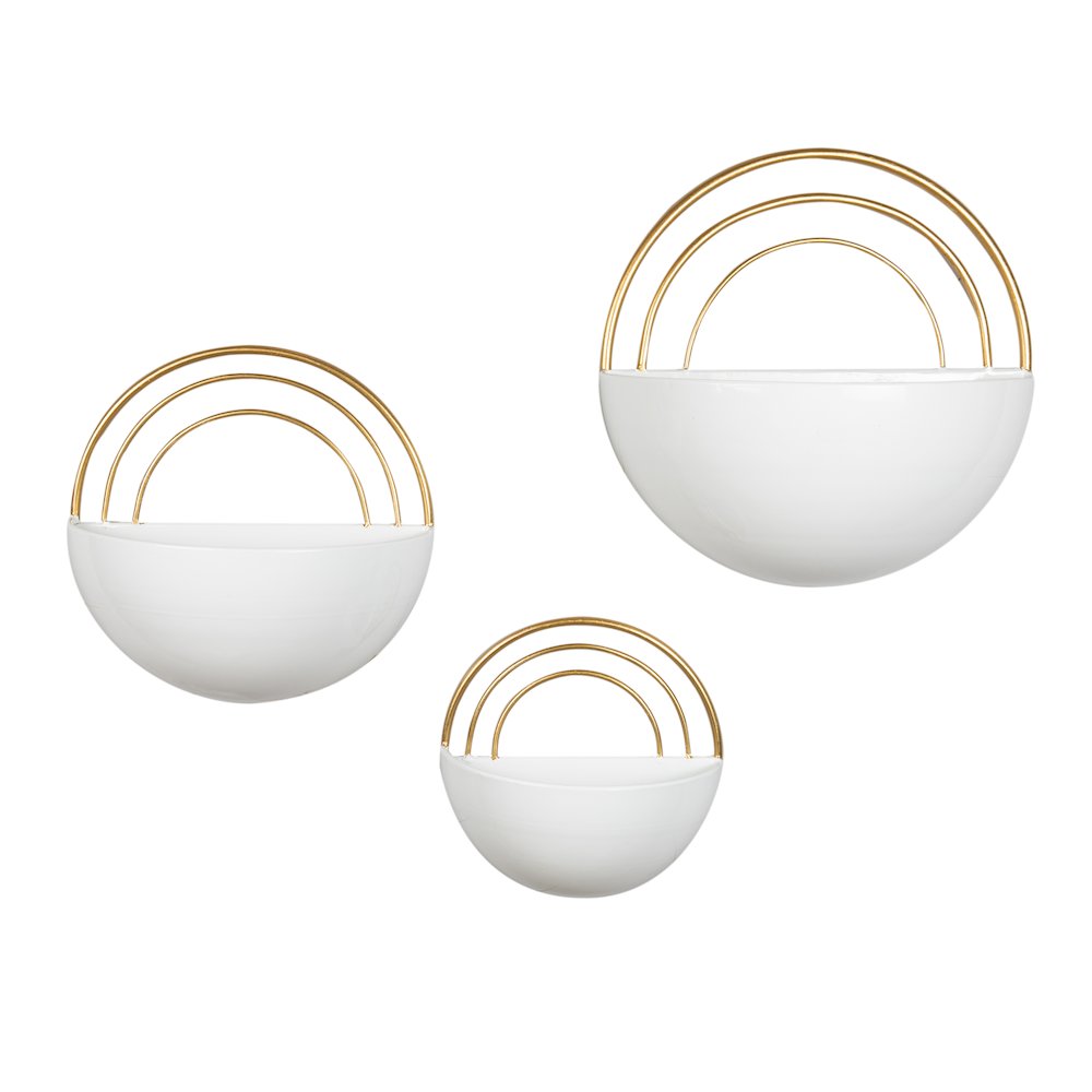 Crescent 3-Piece Metal Wall Planter Set - White with Gold Detail. Picture 1