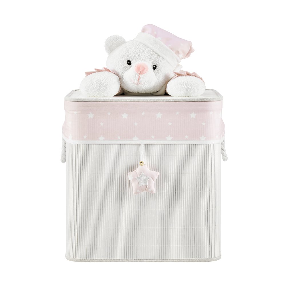 Pink/Cream Collapsible Folding Bamboo Kid Plush Laundry Hamper Sleepy Teddy Bear. Picture 1