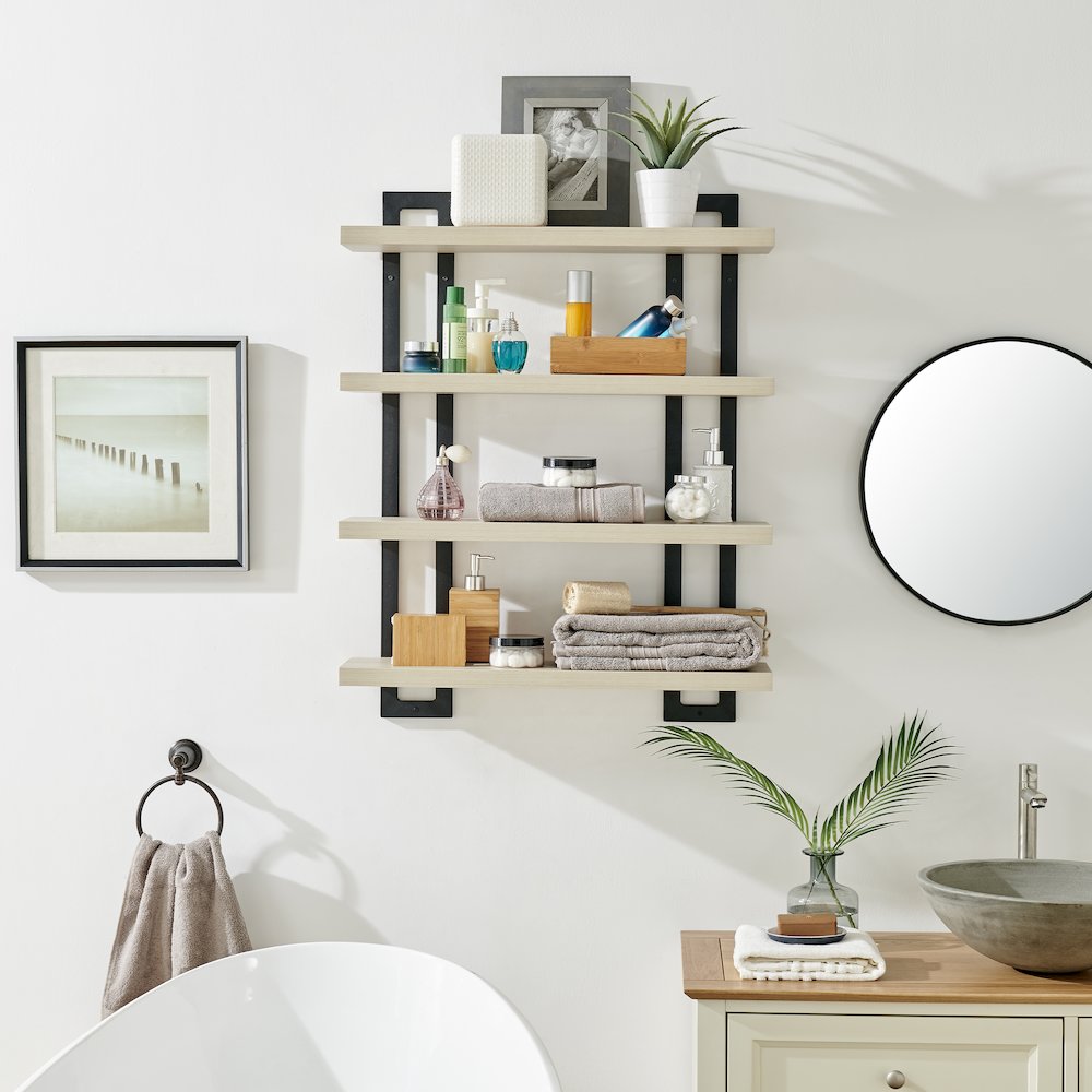 4-Tier Floating Bracket Wall Shelf - Black Metal and White Birch Finish. Picture 3