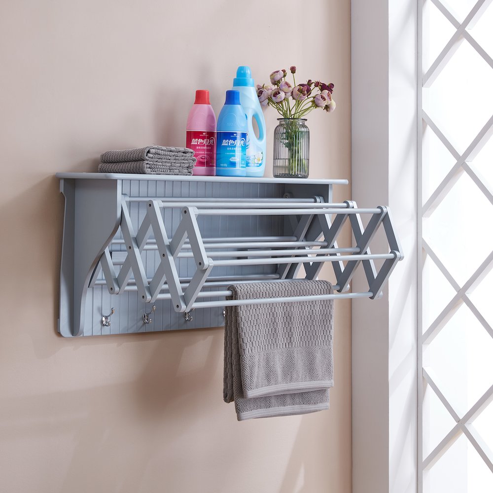 Wall Mounted Retractable Accordion Drying Rack – Light Grey. Picture 3