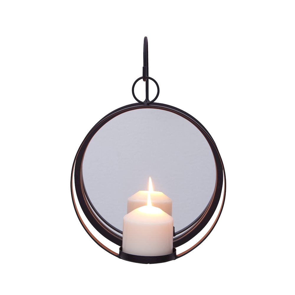 Round Wrought Iron Pillar Candle Sconce with Mirror – Wall Candleholder. Picture 1