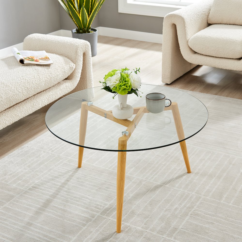 Van Beuren Coffee Table with Metal Taper Legs and Clear Glass Tabletop - Beech. Picture 6