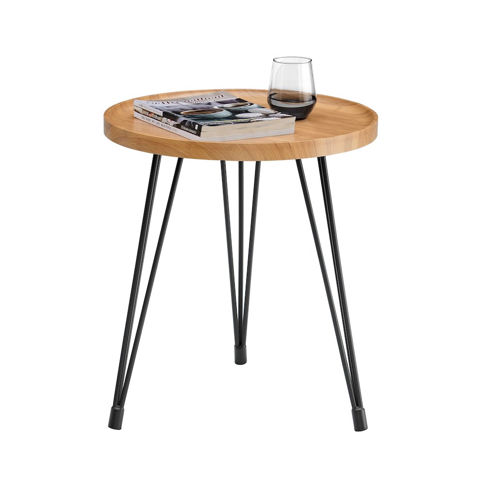Tadao Raised Lip Edge Side Table with Black Metal Hairpin Legs - Round - Bamboo. Picture 8