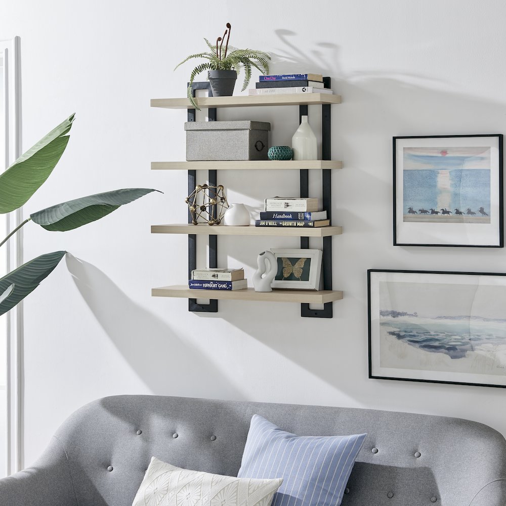 4-Tier Floating Bracket Wall Shelf - Black Metal and White Birch Finish. Picture 8