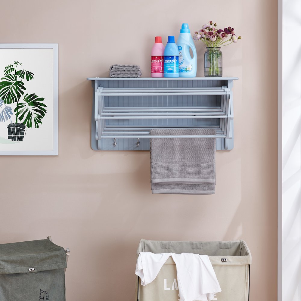 Wall Mounted Retractable Accordion Drying Rack – Light Grey. Picture 5