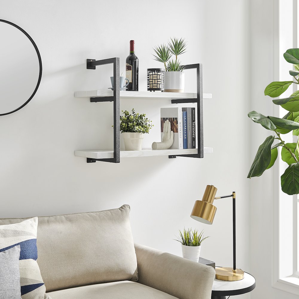 Modern 2-Tier Hanging Bracket Wall Shelves in Black Metal and White Birch Finish. Picture 7