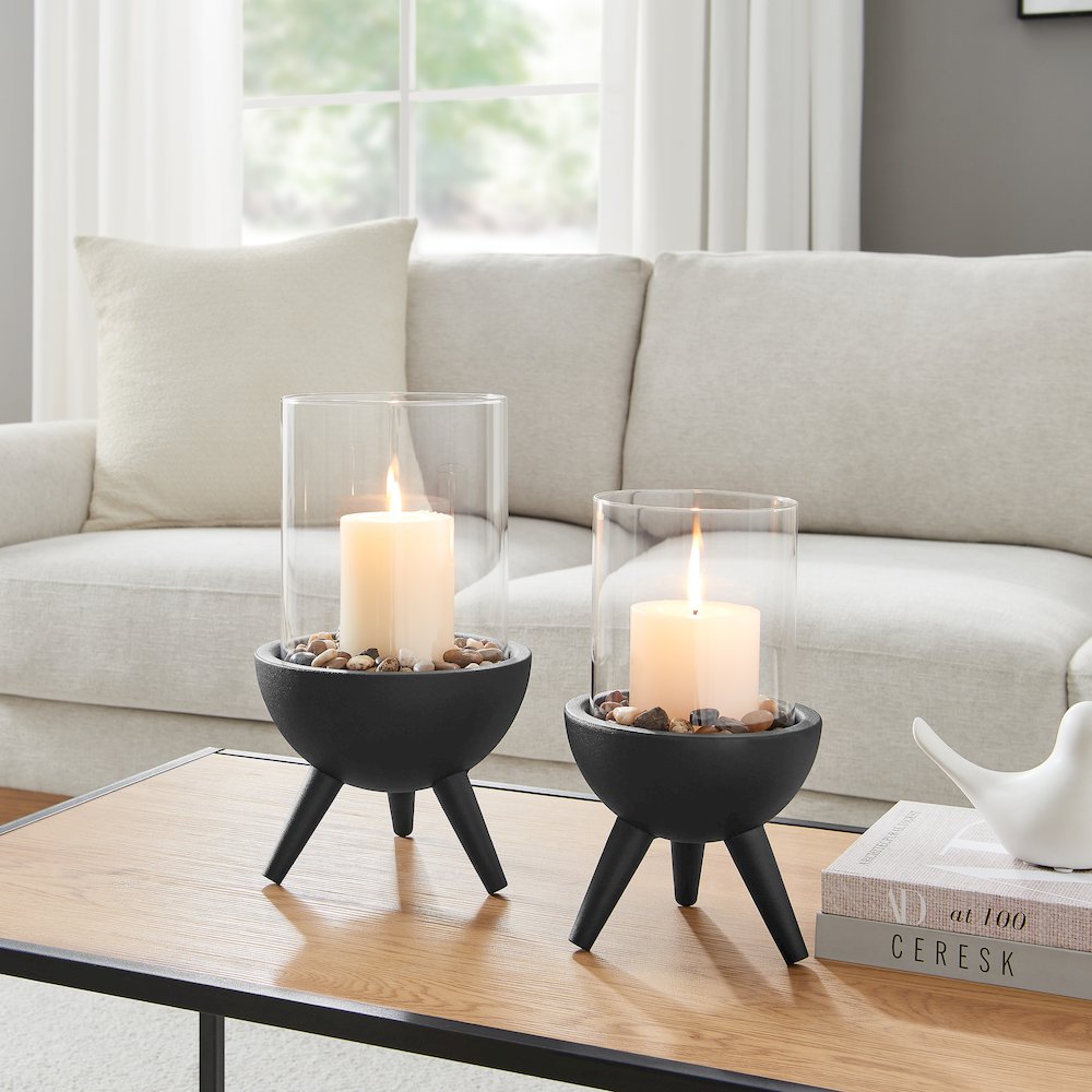 Molta Modern Black Metal Pedestal Glass Pillar Hurricane Candle Holder - Large. Picture 8