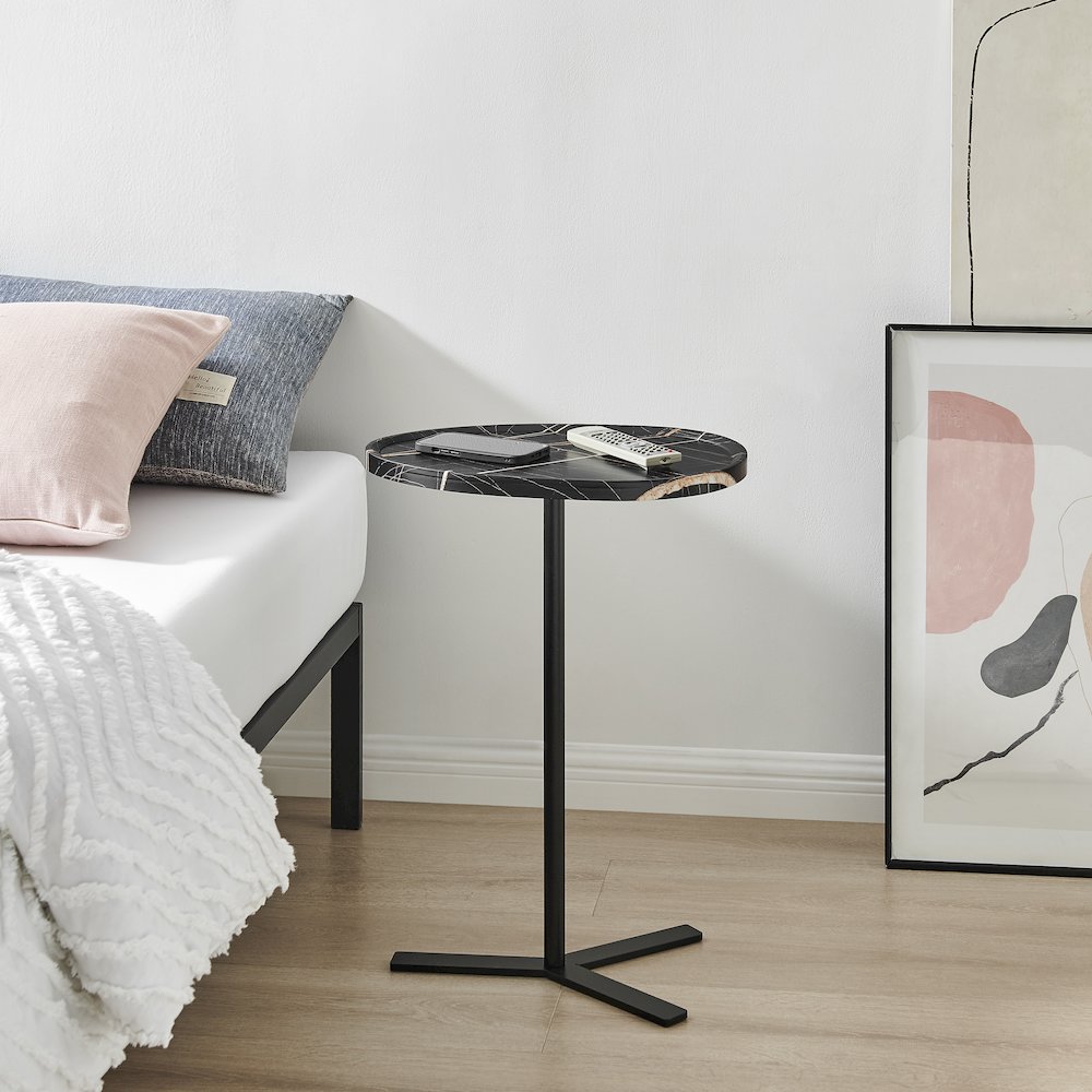 Carter Oval Teardrop Couch-Side Accent C-Table Y-Shape Leg - Black Marble/Black. Picture 6