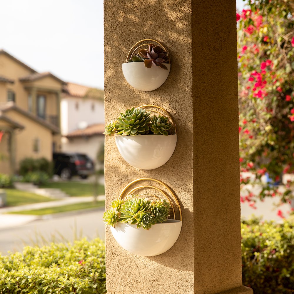 Crescent 3-Piece Metal Wall Planter Set - White with Gold Detail. Picture 6