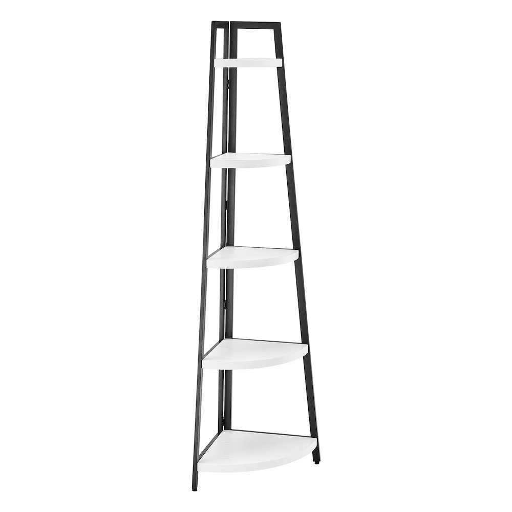 Free-Standing 5-Tier Pyramid Corner Shelf in Black Metal with White MDF Shelves. Picture 10