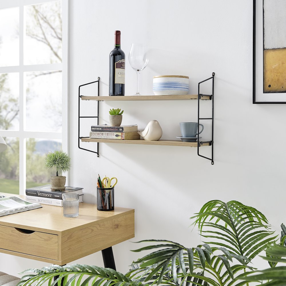 Severini Floating Bracket Farmhouse Two-Tier Wall Shelf - Black/Chestnut. Picture 3