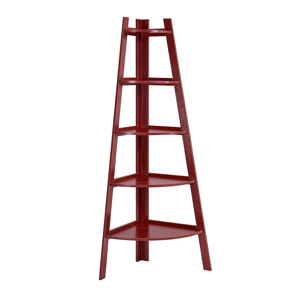 Five Tier Corner Ladder Display Bookshelf - Cherry Wood Finish. Picture 1