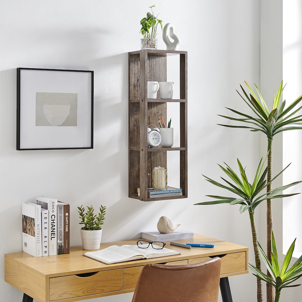 Recife Vertical Three-Tier Modern Shadow Box Cube Display Wall Shelf - Hickory. Picture 6