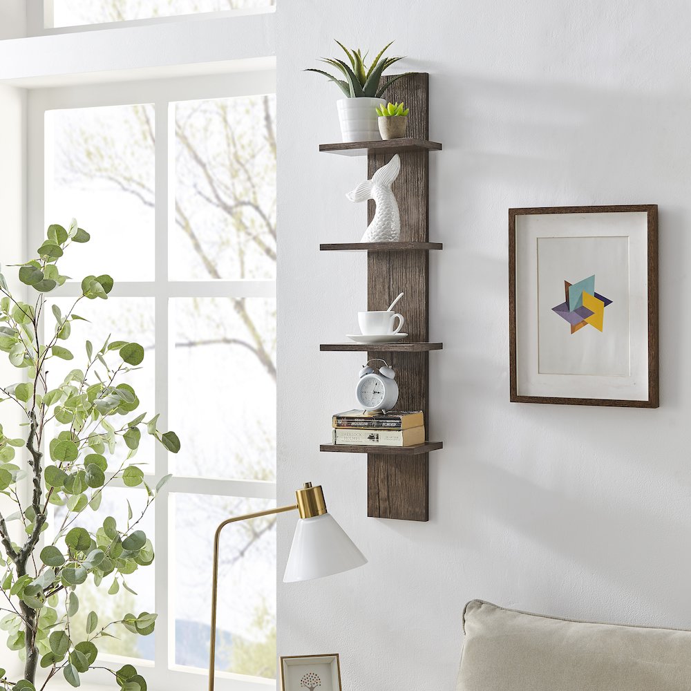 Arica Utility Column 4-Tier Spine Wall Shelves - Hickory. Picture 10