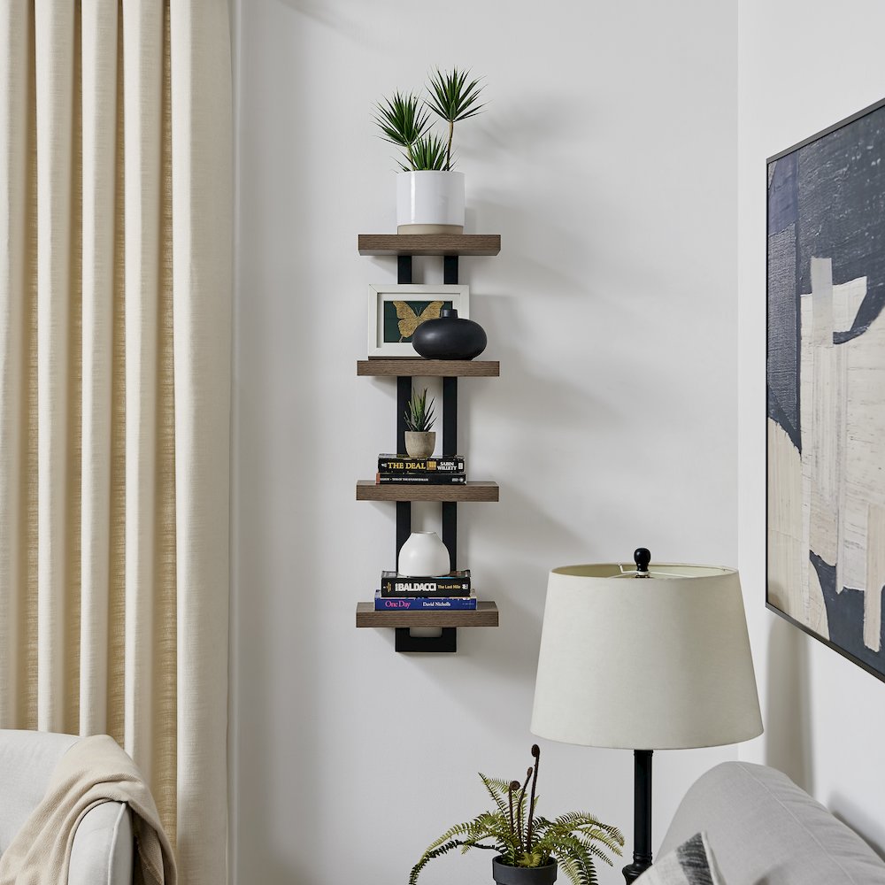 4-Tier Ladder Bracket Floating Wall Shelves - Black Metal and Walnut Finish. Picture 4