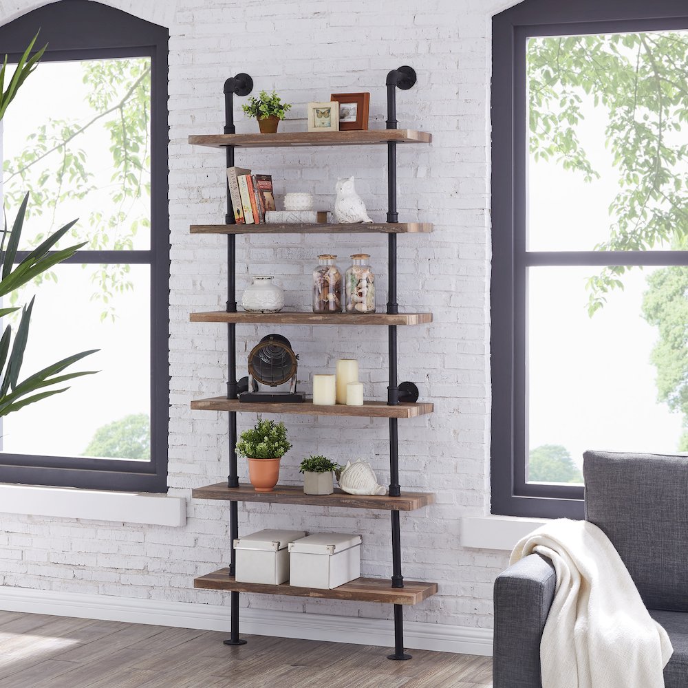 Distressed Wood Finish Rustic 6-Tier Iron Pipe Wall Mount Ladder Shelf. Picture 2